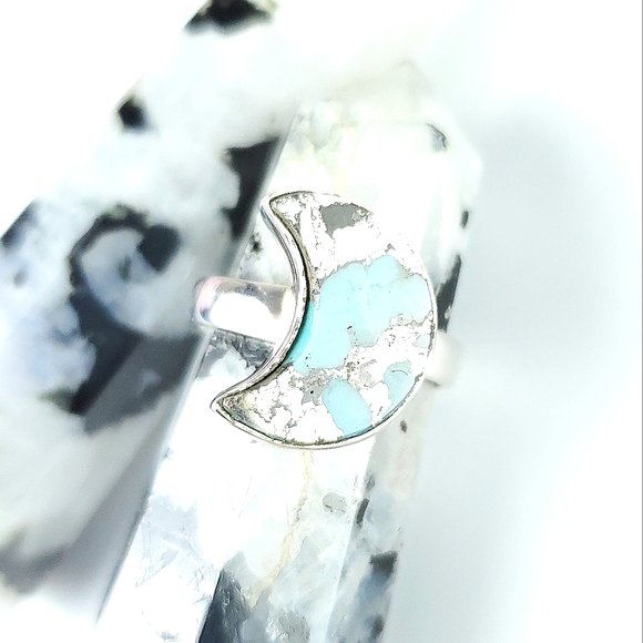 Sterling Silver Turquoise and Pyrite Crescent Moon Ring Size 7 - Picture 8 of 16
